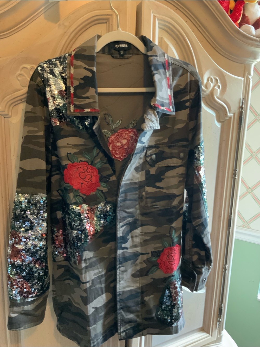 Express Gray Camouflage Utility Jacket with Red Floral Embroidery & Sequins